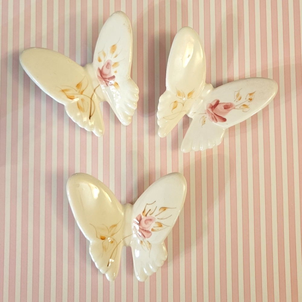 Set of three vintage porcelain,hand- Painted butterfly wall hangings